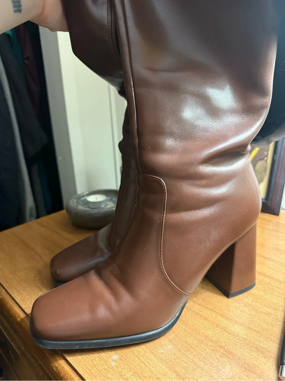 Leather Tall Brown Block-Heel Women's Boot